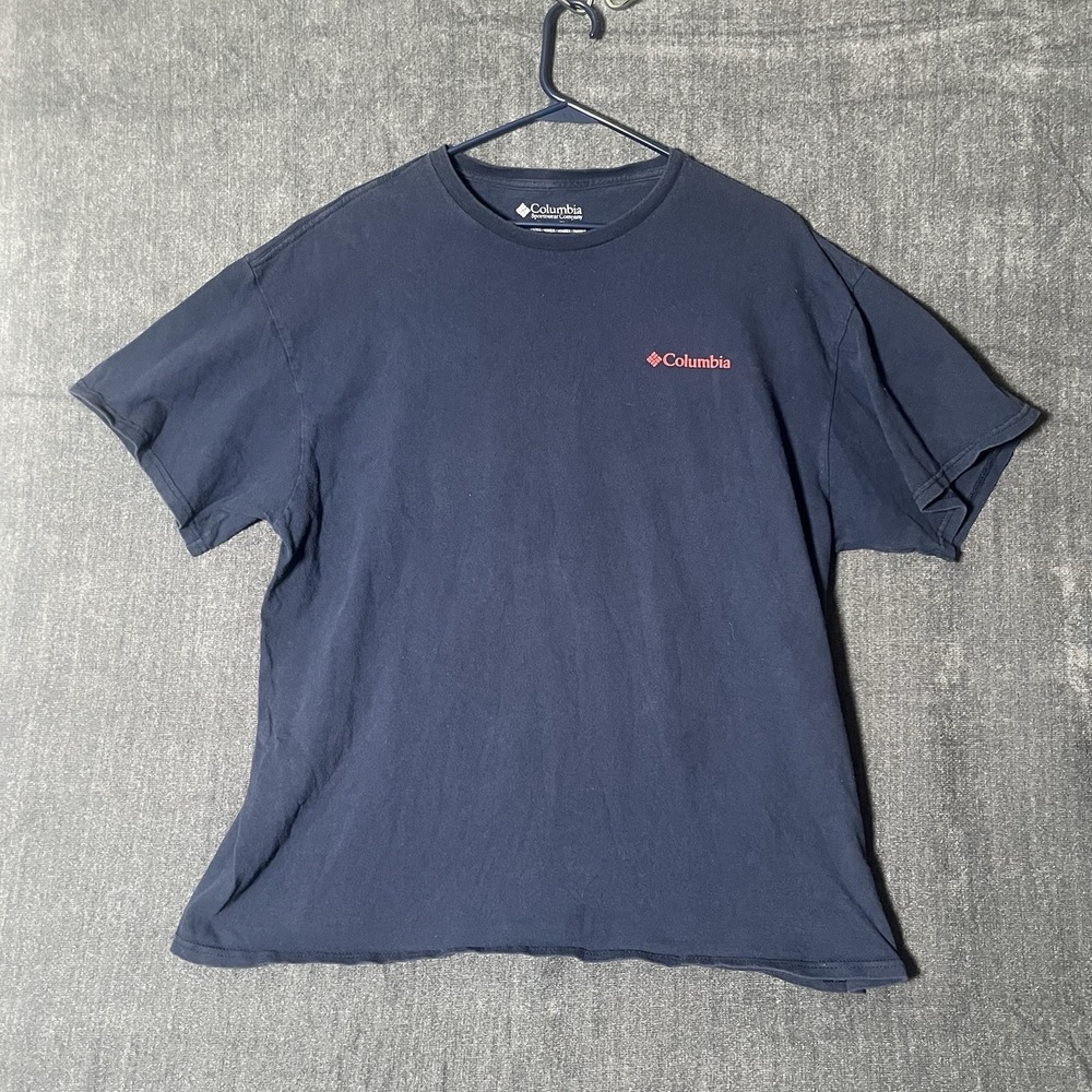 Columbia Shirt Mens XL Navy Blue Back Graphic Tee Sun Mountain Logo 1938
